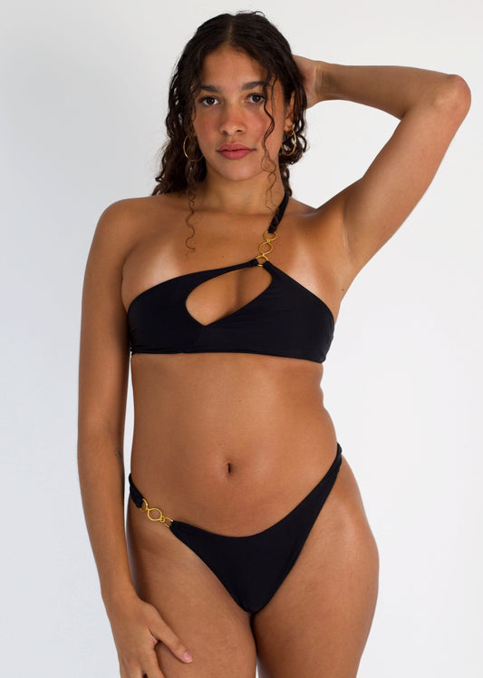 Leah Loves Sustainable Swimwear - Ivy Asymmetric Bikini Top in Black with Gold Hardware - Front