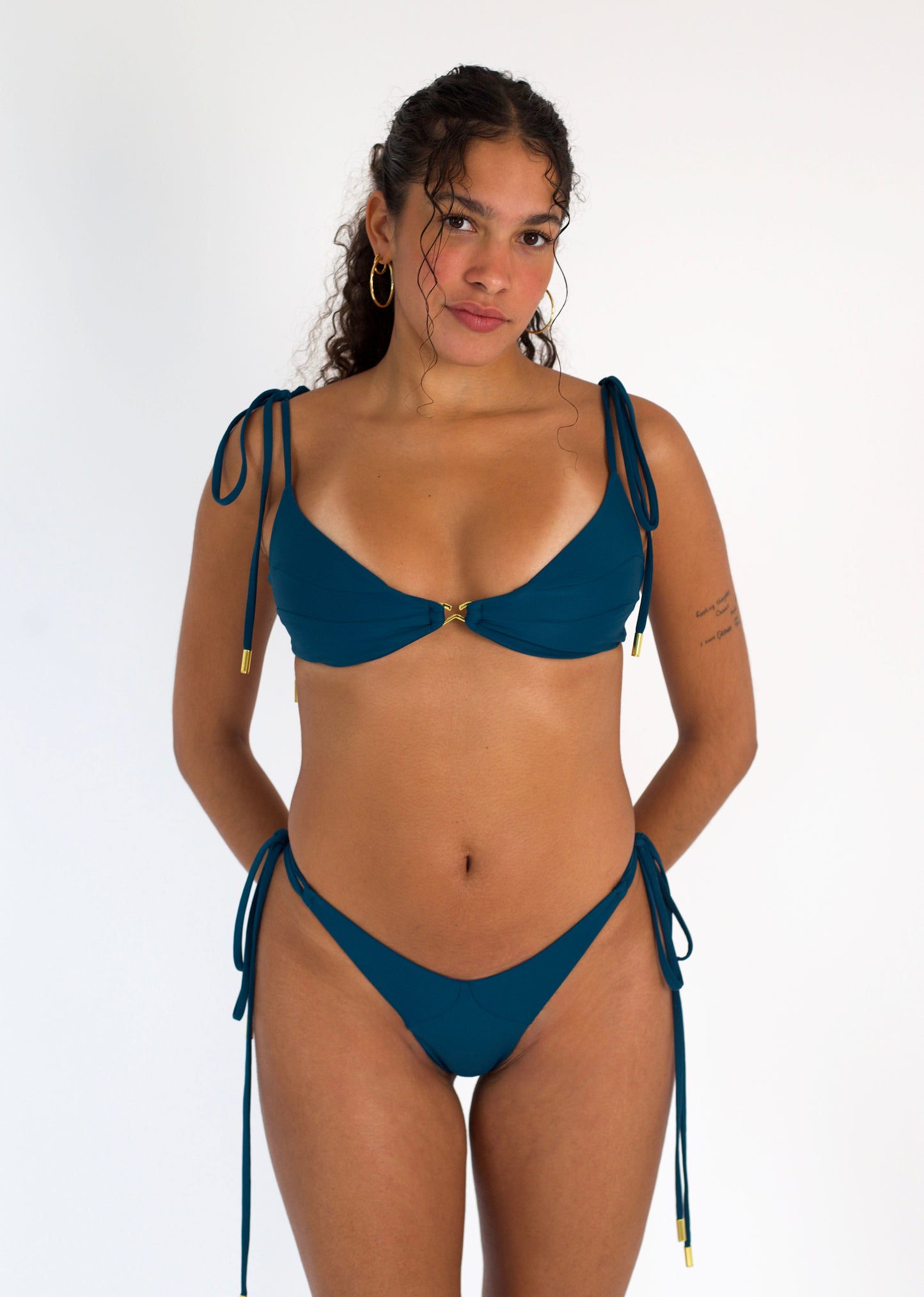 Leah Loves Sage Plunge Bikini Top With Tie Shoulder and Gold Hardware in Ocean Green - Front
