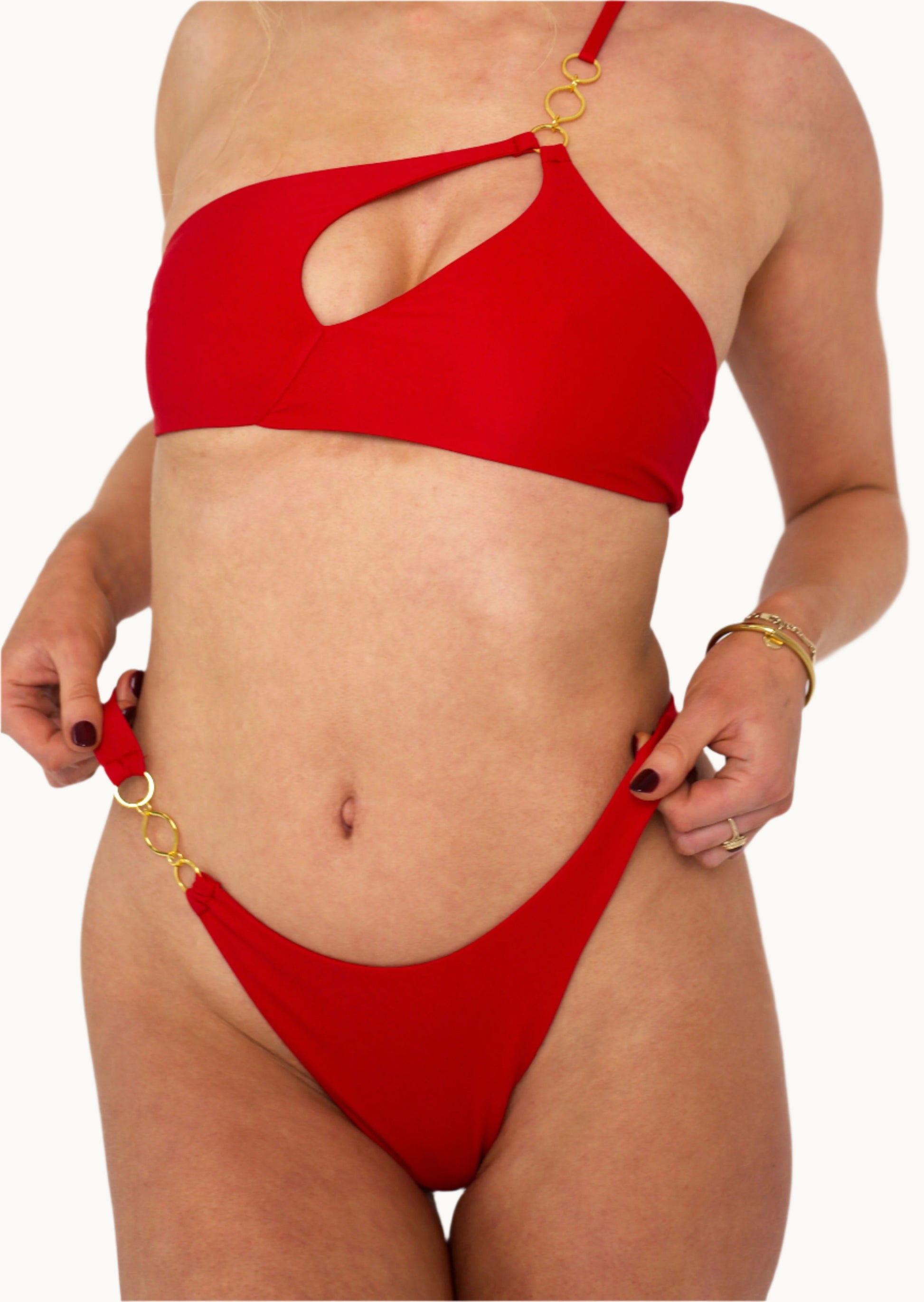 Ivy High Leg Bikini Bottom with Gold Hardware in Red - Front Close Up