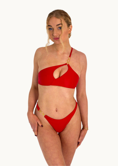 Ivy High Leg Bikini Bottom with Gold Hardware in Red - Front Full Image