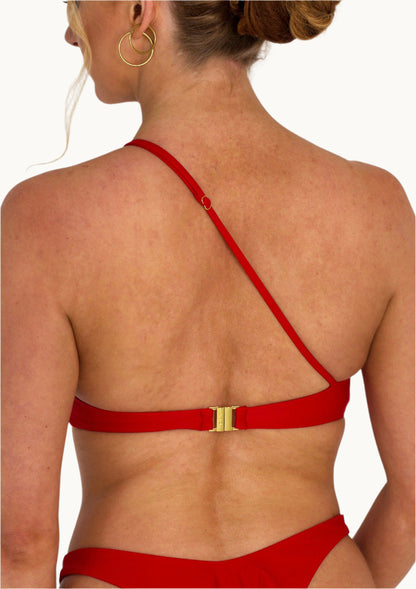 Ivy Asymmetric Bikini Top in Red with Gold Hardware - Back Close Up