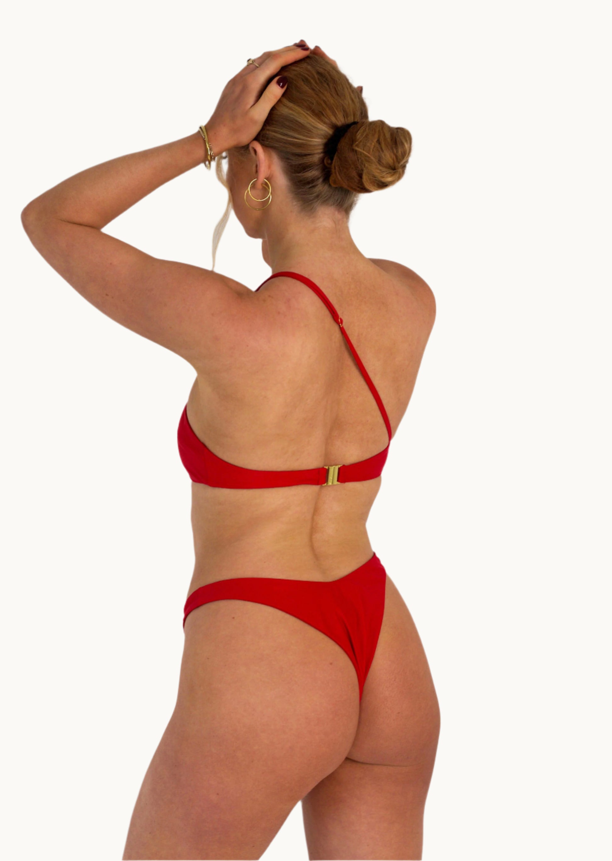 Ivy Asymmetric Bikini Top in Red with Gold Hardware - Back Side