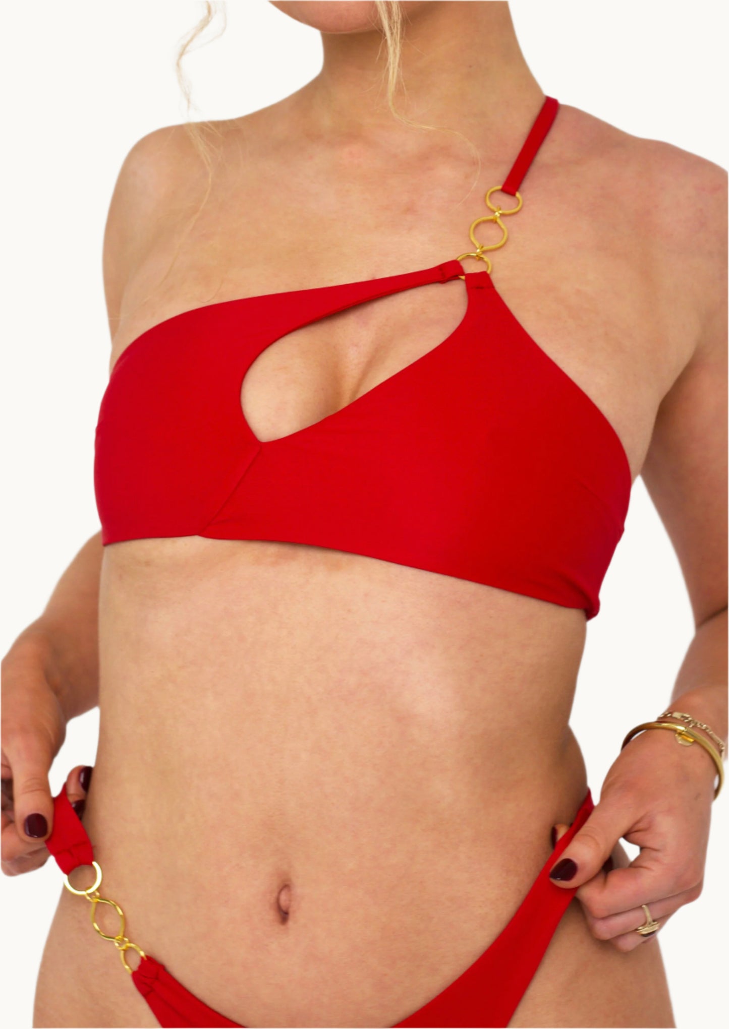 Ivy Asymmetric Bikini Top in Red with Gold Hardware - Details