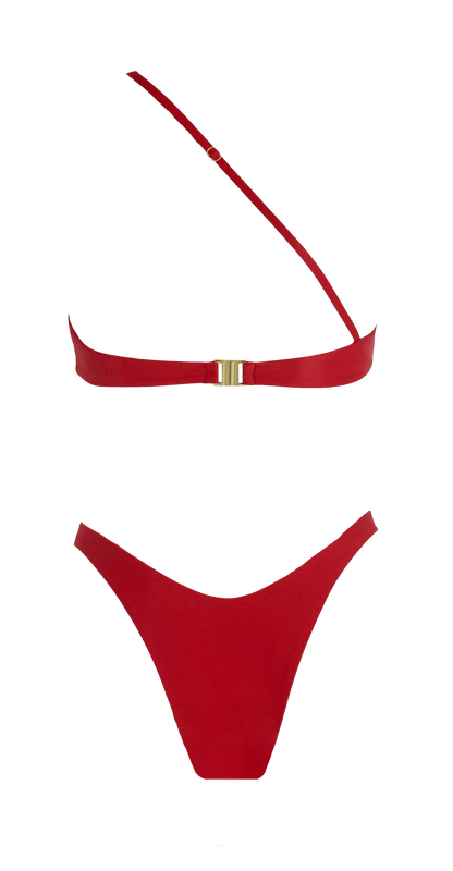 Leah Loves Sustainable Swimwear - Ivy Asymmetric Bikini in Red Flat Lay Back
