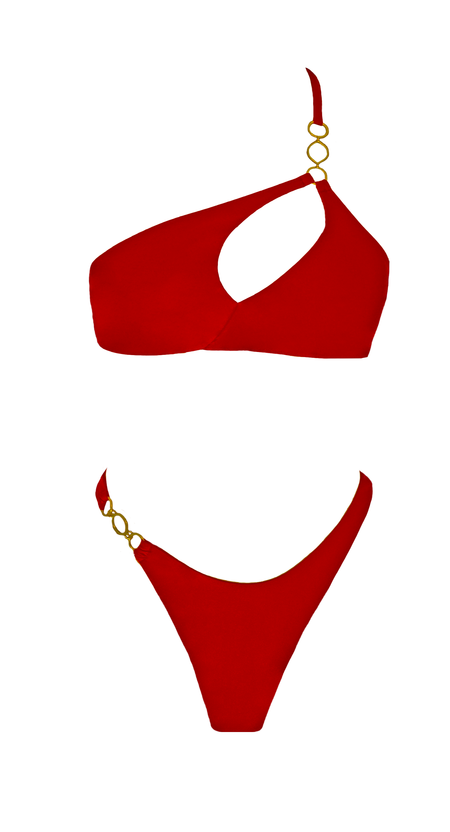 Leah Loves Sustainable Swimwear - Ivy Asymmetric Bikini in Red Flat Lay Front