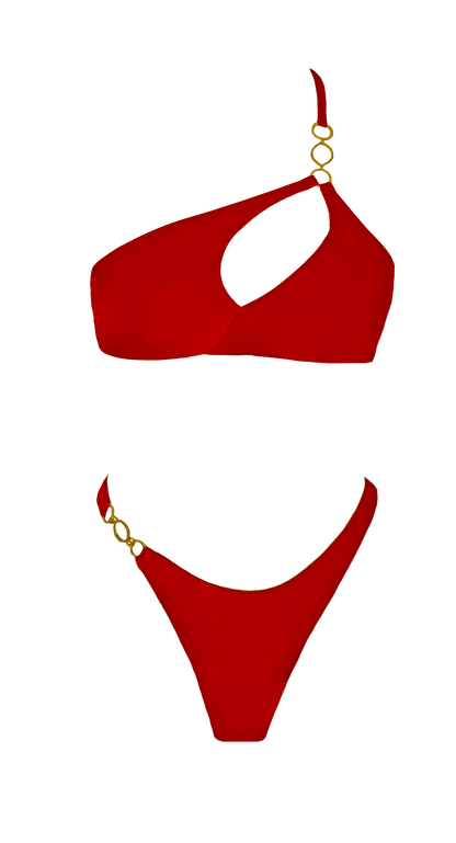 Leah Loves Sustainable Swimwear - Ivy Asymmetric Bikini in Red Flat Lay Front