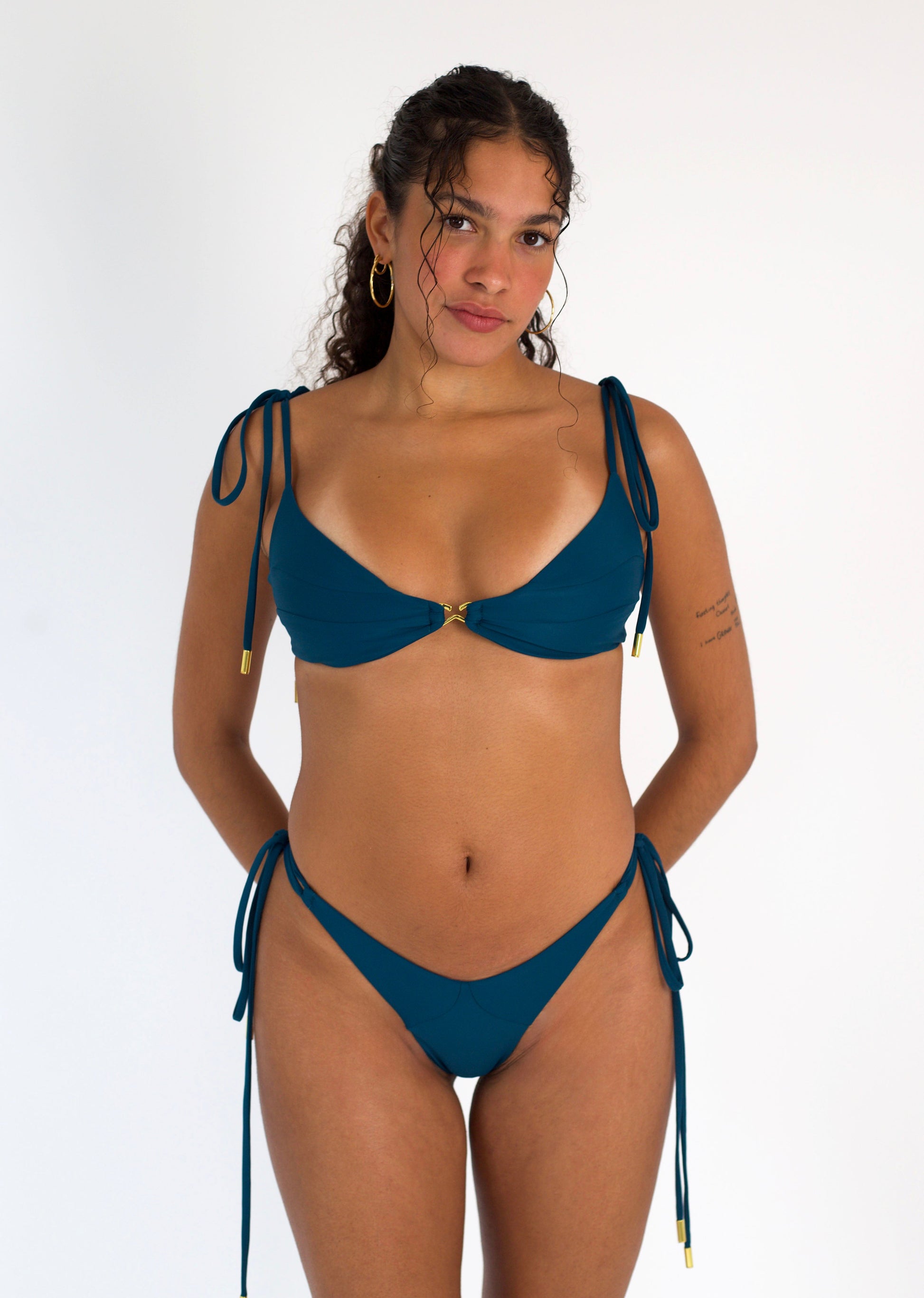 Leah Loves Sage Plunge Bikini Top With Tie Shoulder and Gold Hardware  in Ocean Green - Front
