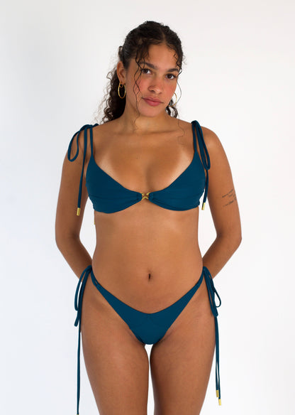 Leah Loves Sage Plunge Bikini Top With Tie Shoulder and Gold Hardware  in Ocean Green - Front