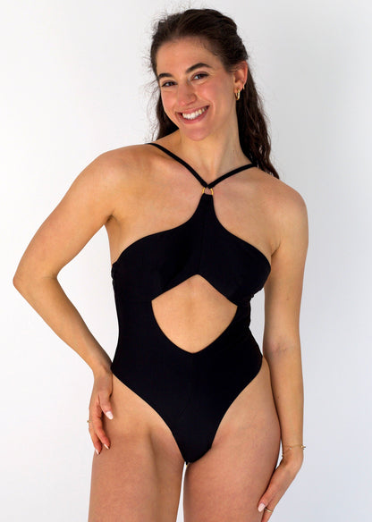 Leah Loves Sustainable Recycled Swimwear Willow Black Cut Out Swimsuit