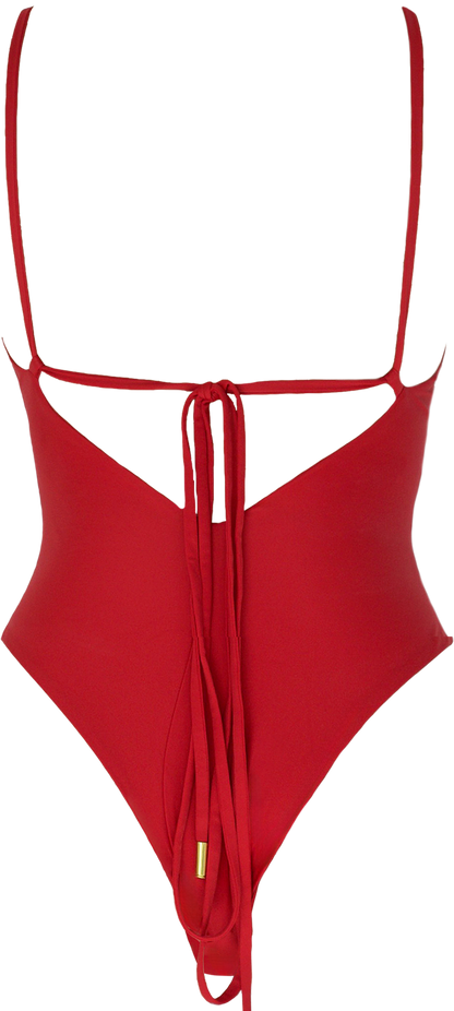 Leah Loves Sustainable Swimwear - Willow Cut Out Swimsuit  in Red Flat Lay Back