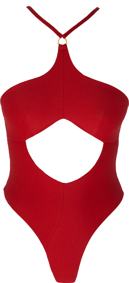 Leah Loves Sustainable Swimwear - Willow Cut Out Swimsuit  in Red Flat Lay Front