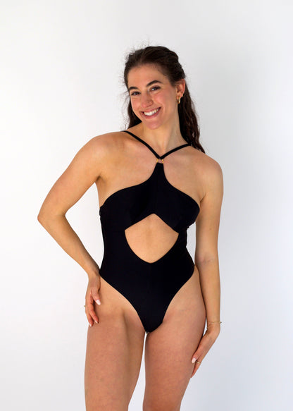 Leah Loves Willow Cut Out One Piece Swimsuit with Gold Hardware and Adjustable Straps in Black - Front 