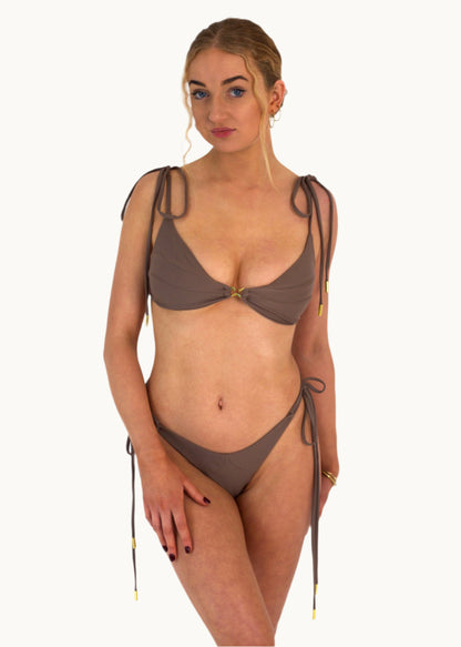 Sage Tie Side Bikini Bottom with Front and Back Seam Details and Gold Hardware in Taupe - Front 