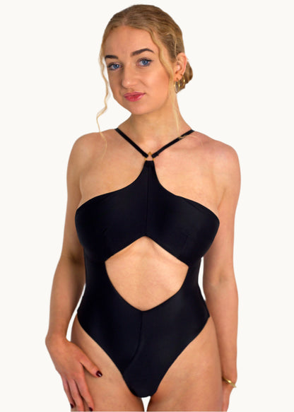 Willow Cut Out One Piece Swimsuit with Gold Hardware and Adjustable Straps in Black - Front Close Up