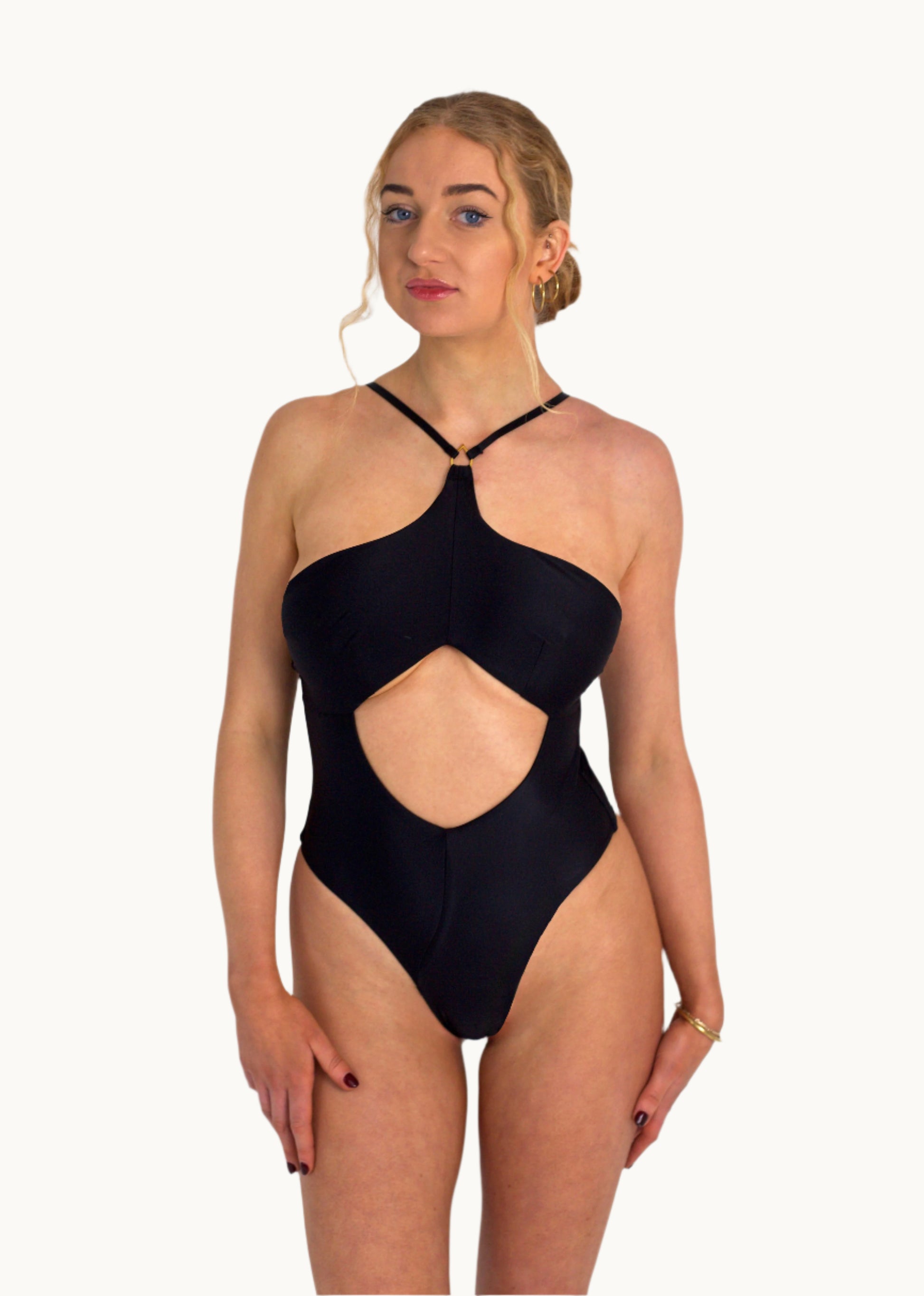 Willow Cut Out One Piece Swimsuit with Gold Hardware and Adjustable Straps in Black - Front 