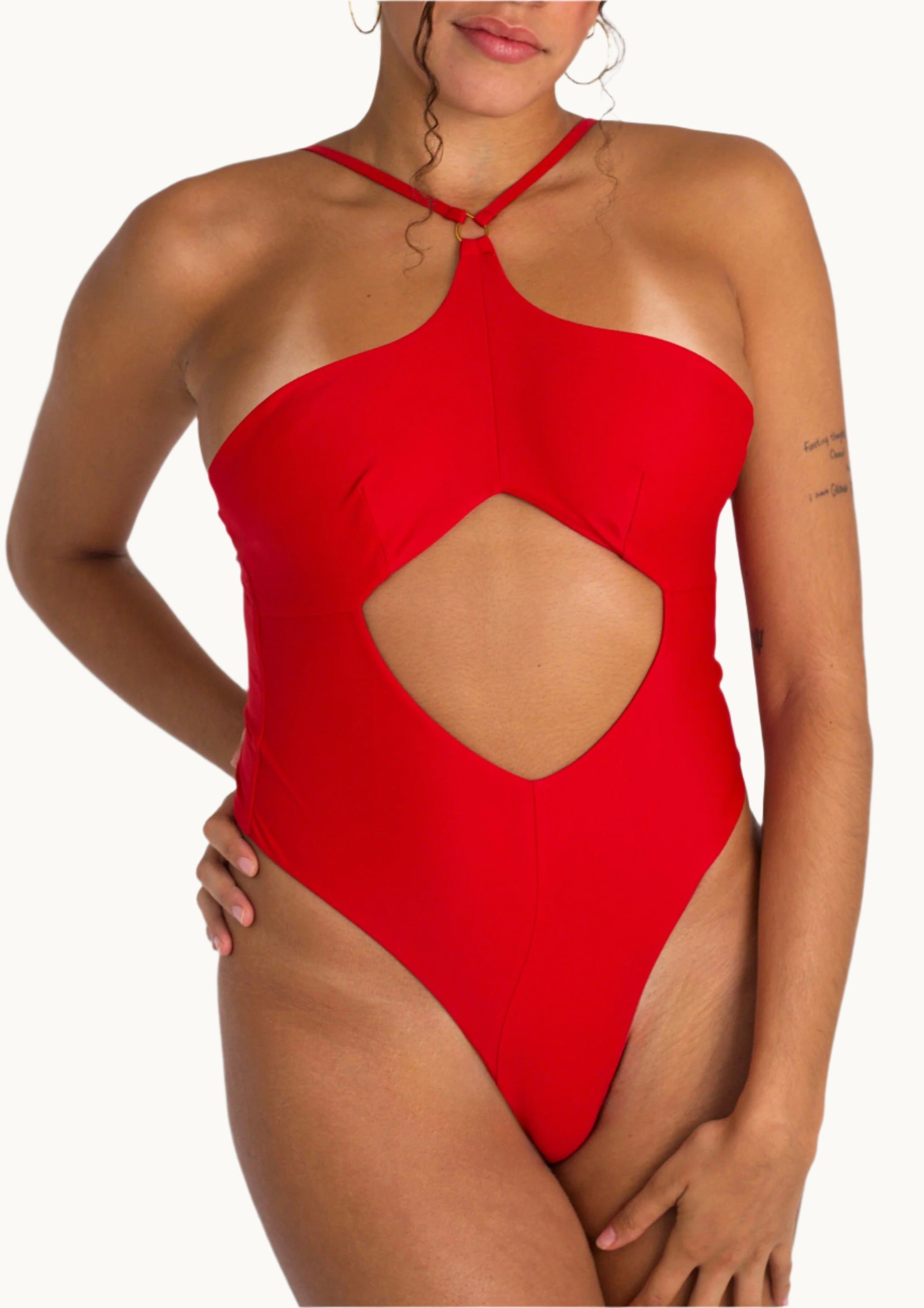 Willow Cut Out One Piece Swimsuit with Gold Hardware and Adjustable Straps in Black - Front Close Up