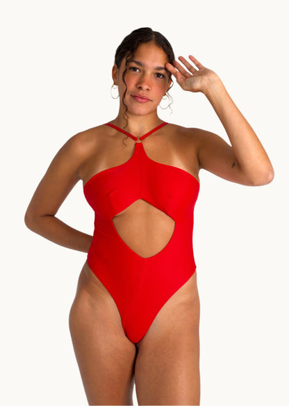 Willow Cut Out One Piece Swimsuit with Gold Hardware and Adjustable Straps in Red - Front