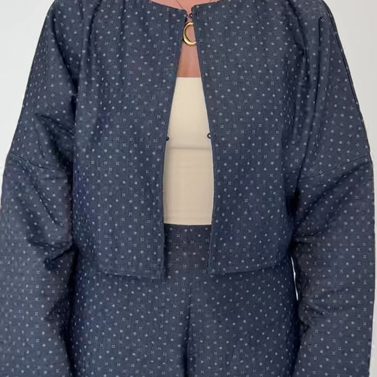 video of model wearing blue and polka dot jacket 